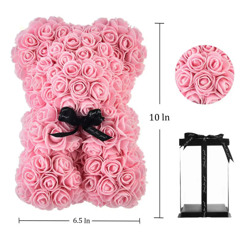 Rose Bear Flower Bear with Clear Box Rose Bear Gifts for Mother Hand Made Artificial Flowers Birthday for Valentine'S Day Party